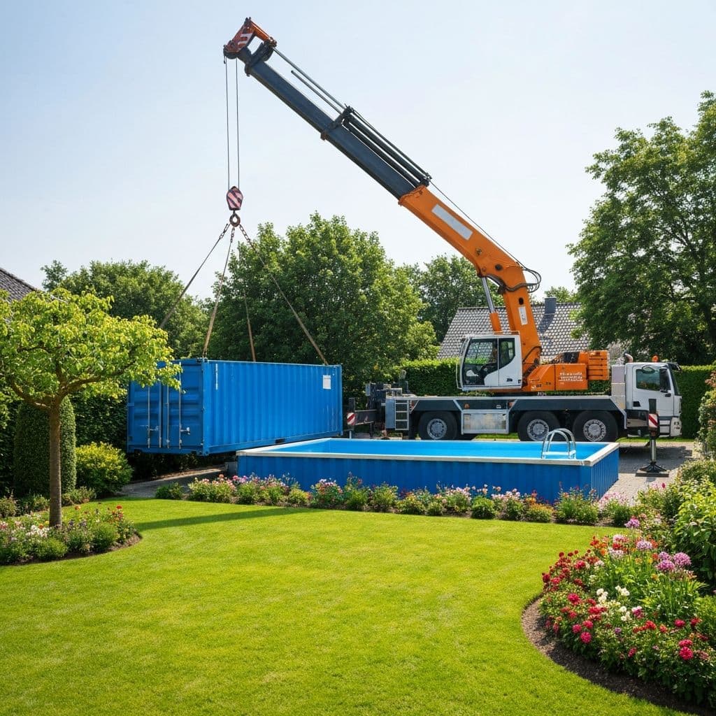 Entrega piscina contenedor con grúa